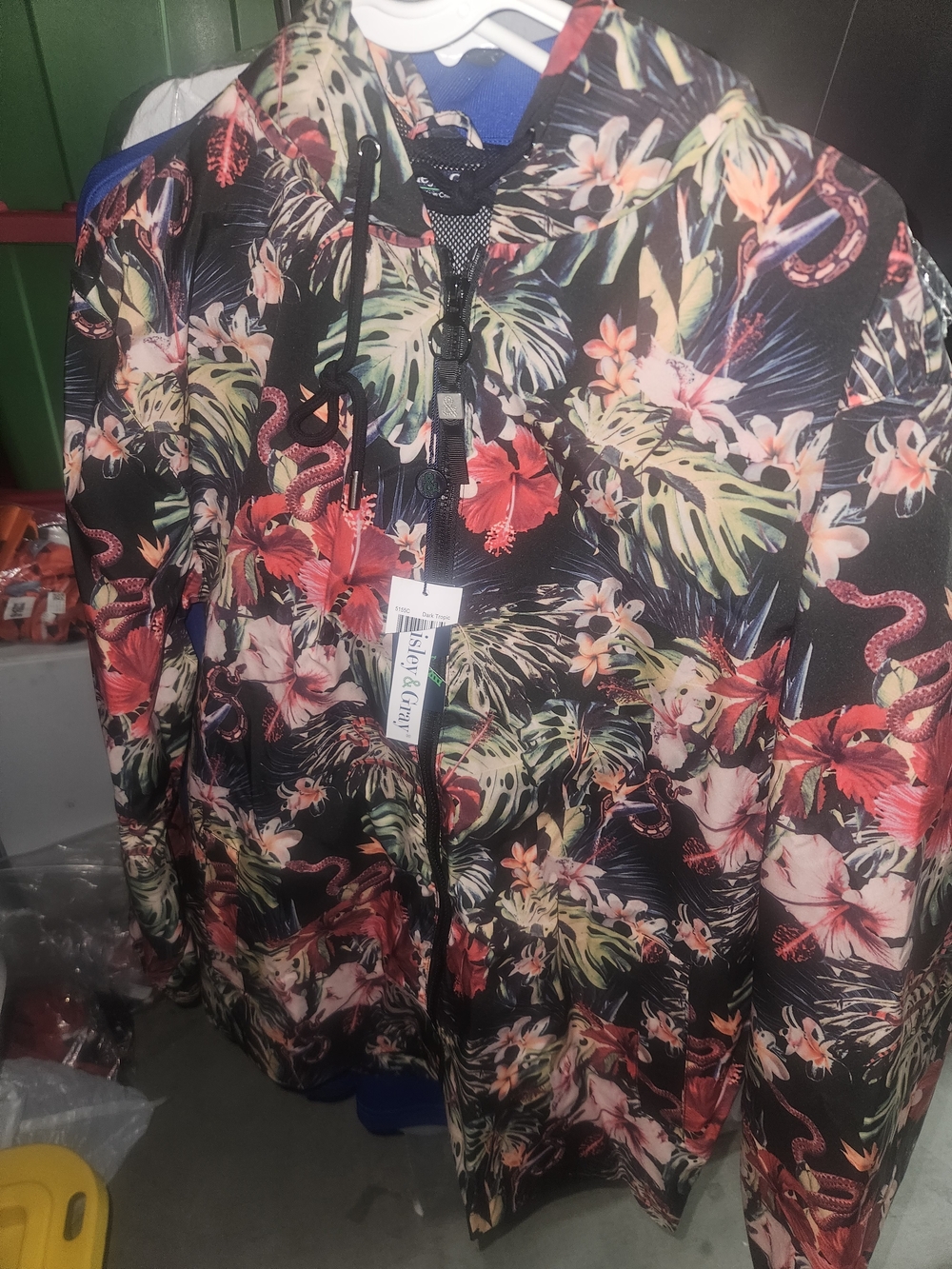 Paisley & Gray Black Floral Zip-Up Hoodie with Red & Green Accents